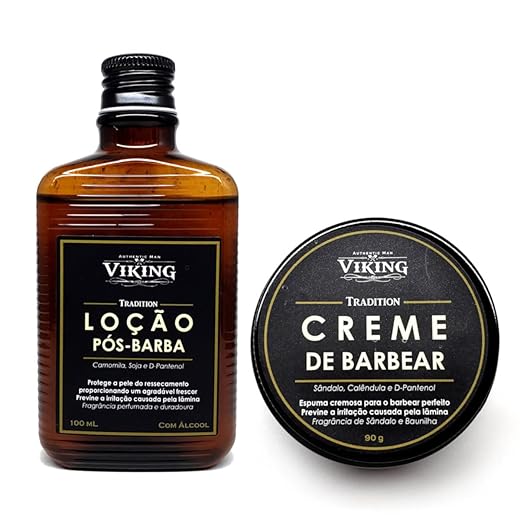 Kit de Barbear VIKING - Creme + Loção Pós-Barba - Sândalo e Baunilha - Face - Unissex - Todos os tipos de pele