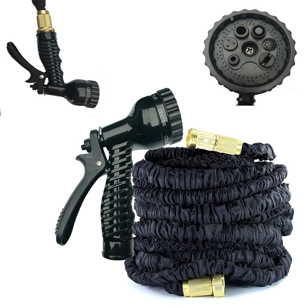 Honi Black Garden Hose, Expandable 3 Times Magic Hosepipe With 7 Pattern Spray Nozzle, 3/4" 1/2" Solid Brass Fittings, Flexible Expanding Hose For Cleaning Yards And Showering Pets (, 30M/100Ft)