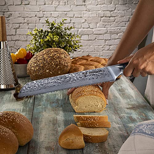 Sanmuzuo 8" Bread Knife Serrated Blade- Hammered Damascus Steel & Resin Handle - Yao Series #TOP1