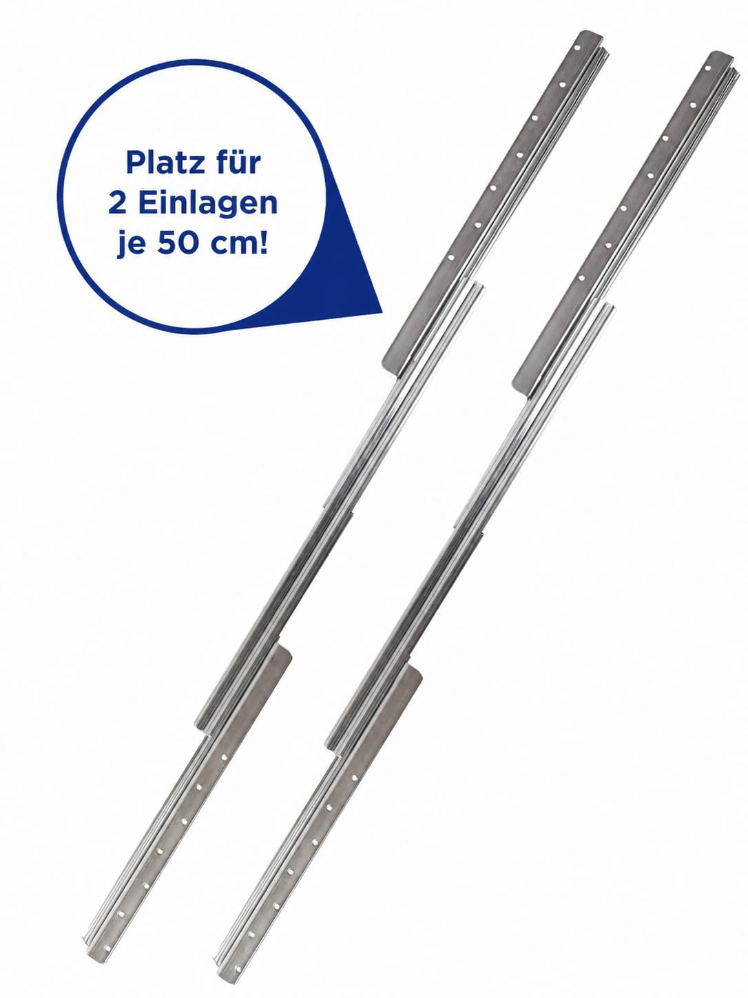 Brückmann - PRO Tischauszug 53/158 cm, Auszugsschiene für Tisch mit geteilter Zarge, Tischführungsschiene, zusammengeklappt 53 cm, ausgezogen 158 cm, 2 Einlegeplatten je 50 cm, Möbelbeschlag Schienen