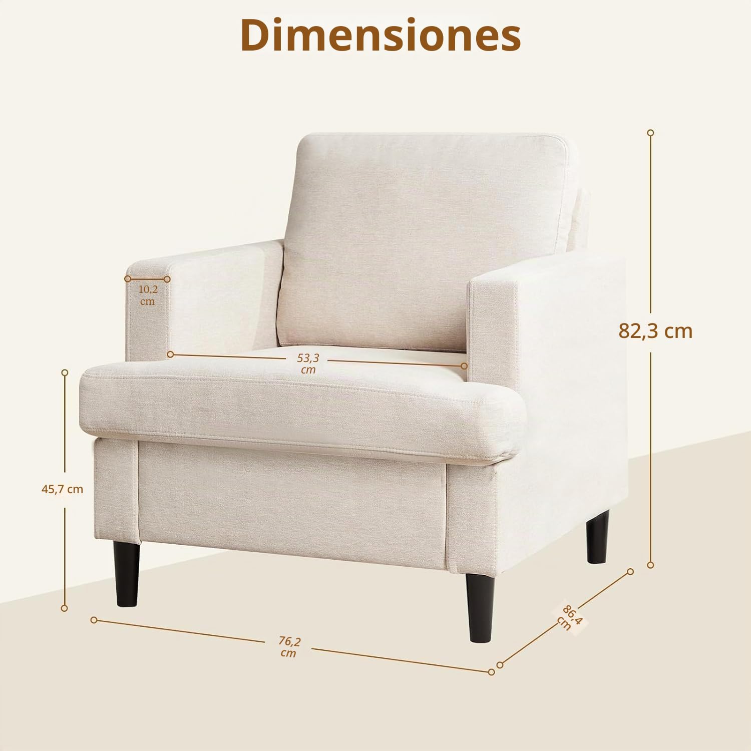 Sillón de sala de estar, sillas modernas de mediados de siglo, cómodas tapizadas de tela de lino, silla individual, silla de lectura para dormitorio con patas de madera maciza (76D * 86S