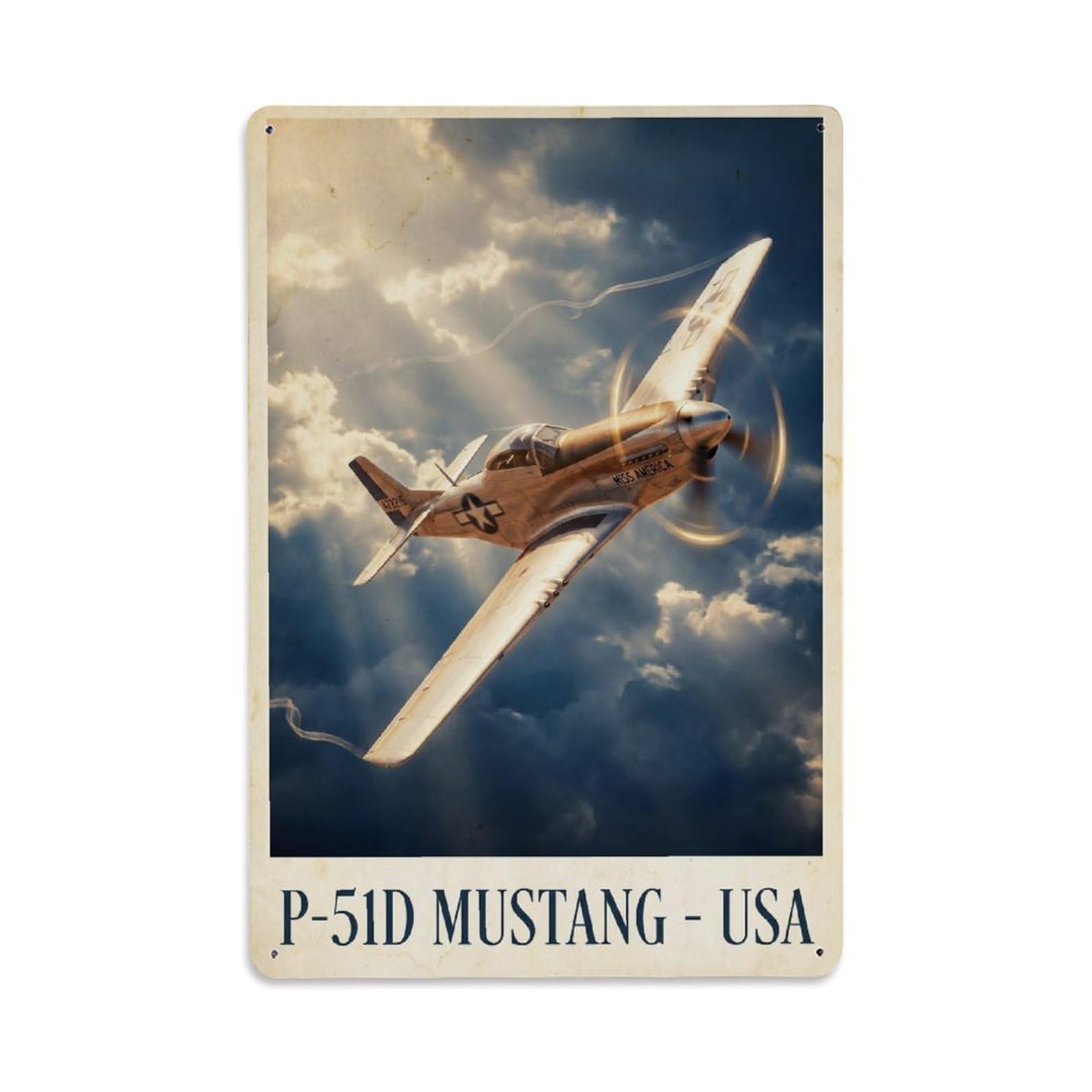 P-51D Mustang Vintage Heroic Fighter Aircraft Metal Tin Sign Plaque Wall Decor for Cafe, Man Cave, Club Bar, Office, Home Garden Round Metal Poster 8x12Inch