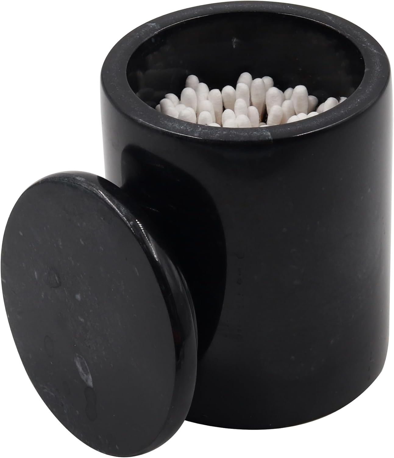 Marble Canister with Lid Natural Black Qtip Holder for Cotton Swabs, Balls, Pads, Floss Picks, Bath Salts - Vanity Makeup Storage Organizer Bathroom Essentials Accessories Decor