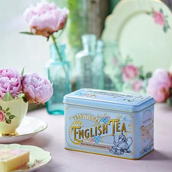 New English Teas Vintage Victorian Tea Tin with 40 Decaffeinated English Breakfast Teabags (Powder Blue) | Caffeine Free, Gifts for Tea Lovers