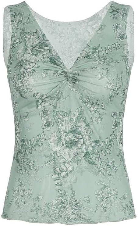 Floral Printed Suspender Bottoming Shirt Twisted Pleated Shoulder Strap Vest Mesh Sleeveless Top Women