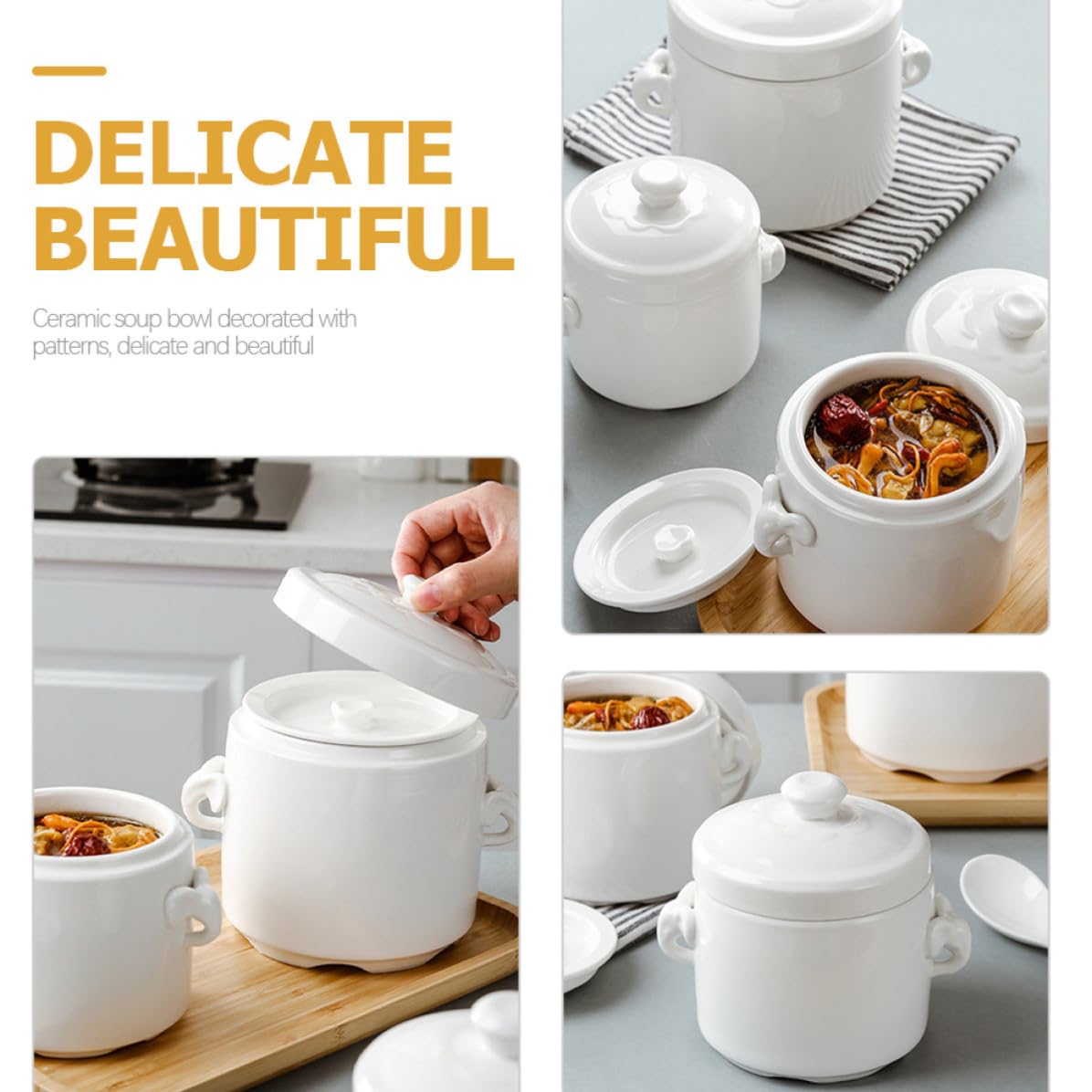STOBAZA Ciotola per Stufato in Ceramica con Coperchio 1100ml, Pentola Multifunzione per Zuppa e Dessert, Design Classico Semplice per Uso Domestico
