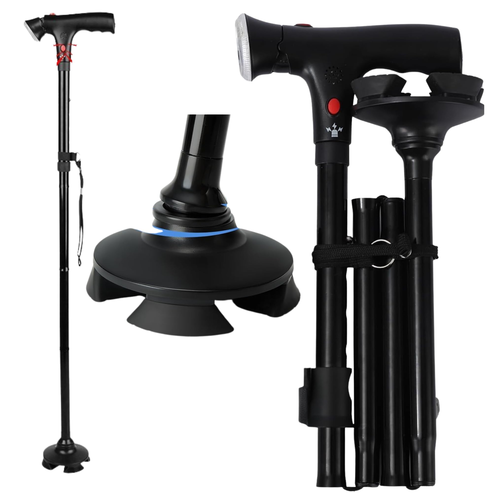 SMARTIA - Bastón Plegable con Alarma y Luz LED, Bastón para Mayores con Base Antideslizante y anticaidas, Altura Ajustable a 5 Niveles, Bastón para Mujer y Hombre, Materiales de 1ª Calidad