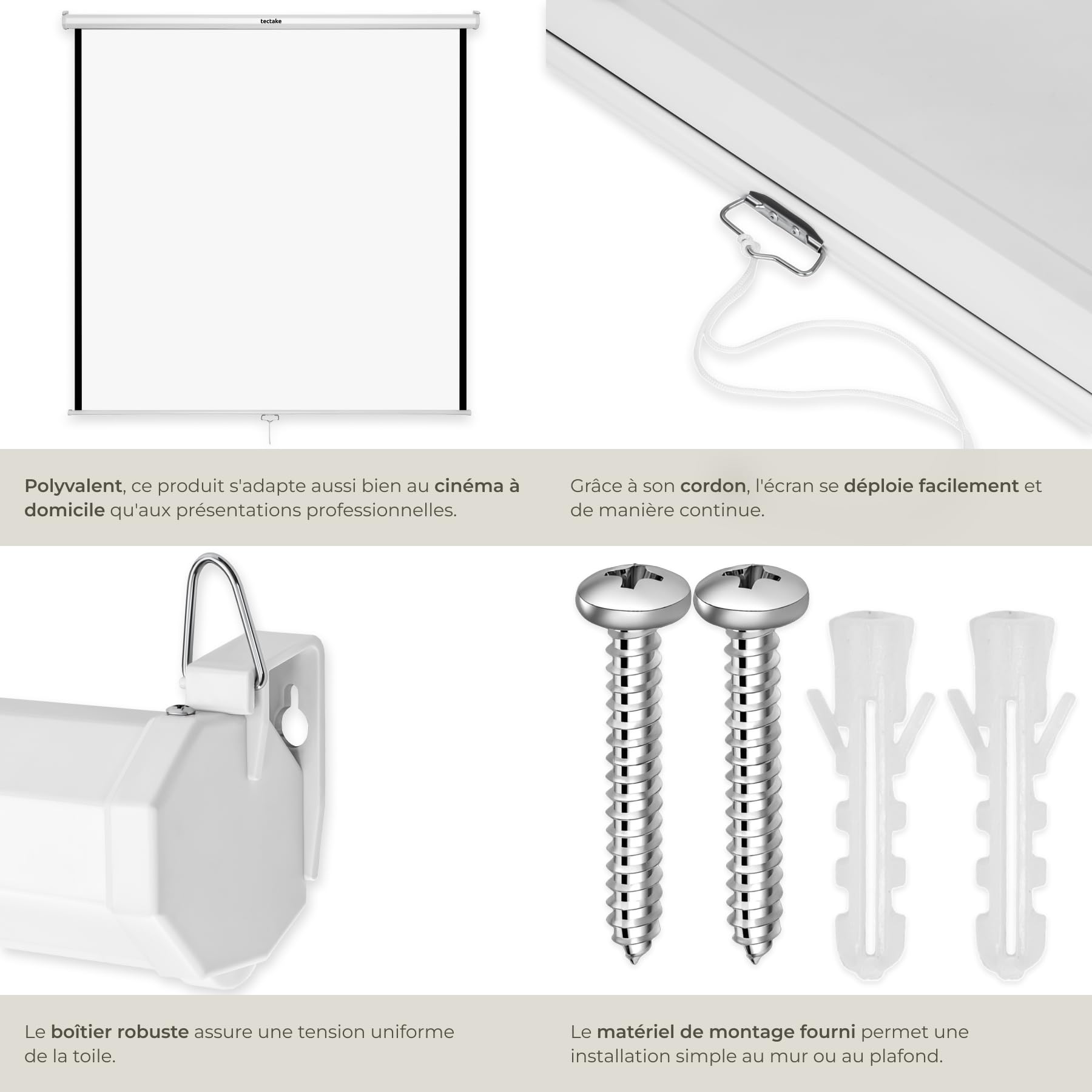 Tectake Écran de Projection 203x203cm 110" 1:1/16:9/4:3 Enroulable Fixation Murale Plafond