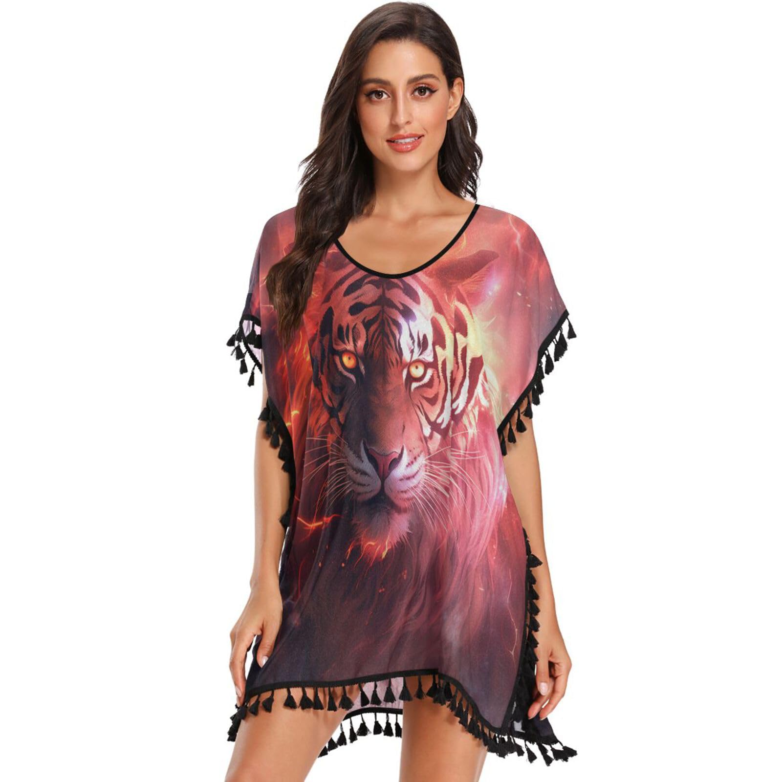 Space Light Art Cool Tiger Women's Beach Cover Up Chiffon Tassel Swimwear Swimsuit Coverups for Girl