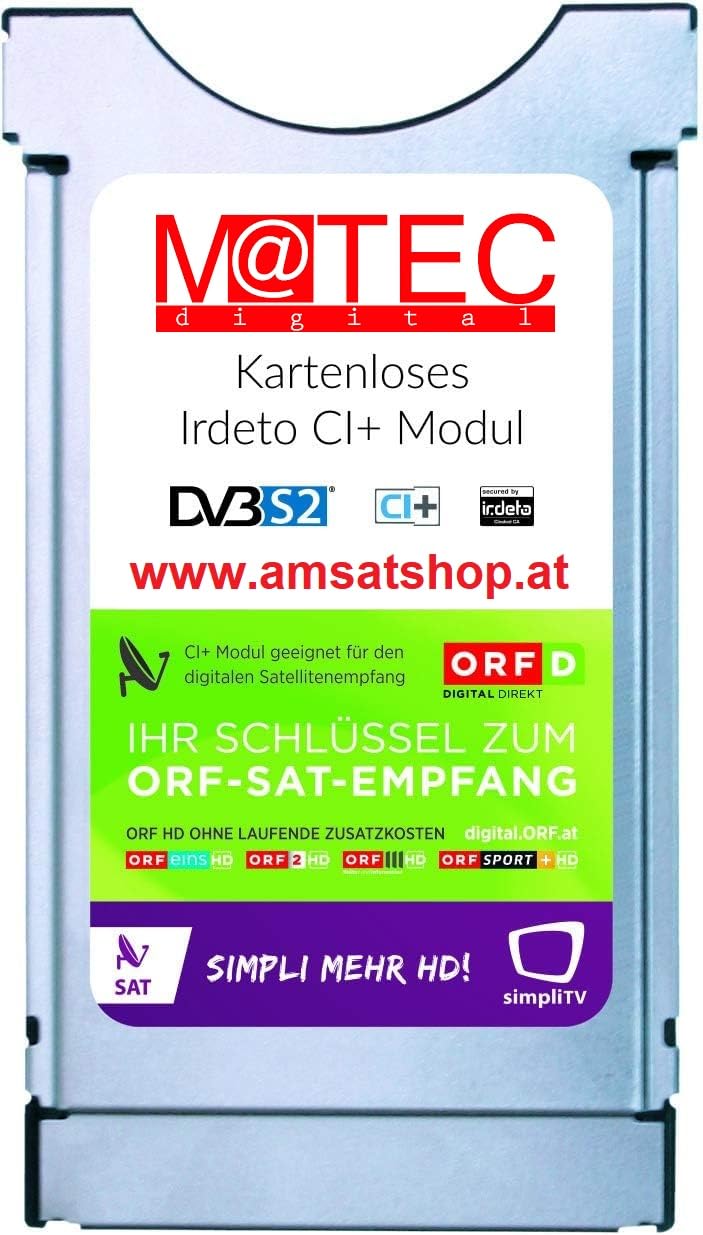 ORF DIGITAL DIRECT Módulo Irdeto CI+ para Sat (sin tarjeta, no se requiere tarjeta) con 3 meses SimpliTV, solo apto para Austria, TV CI+ y receptor de satélite, durante