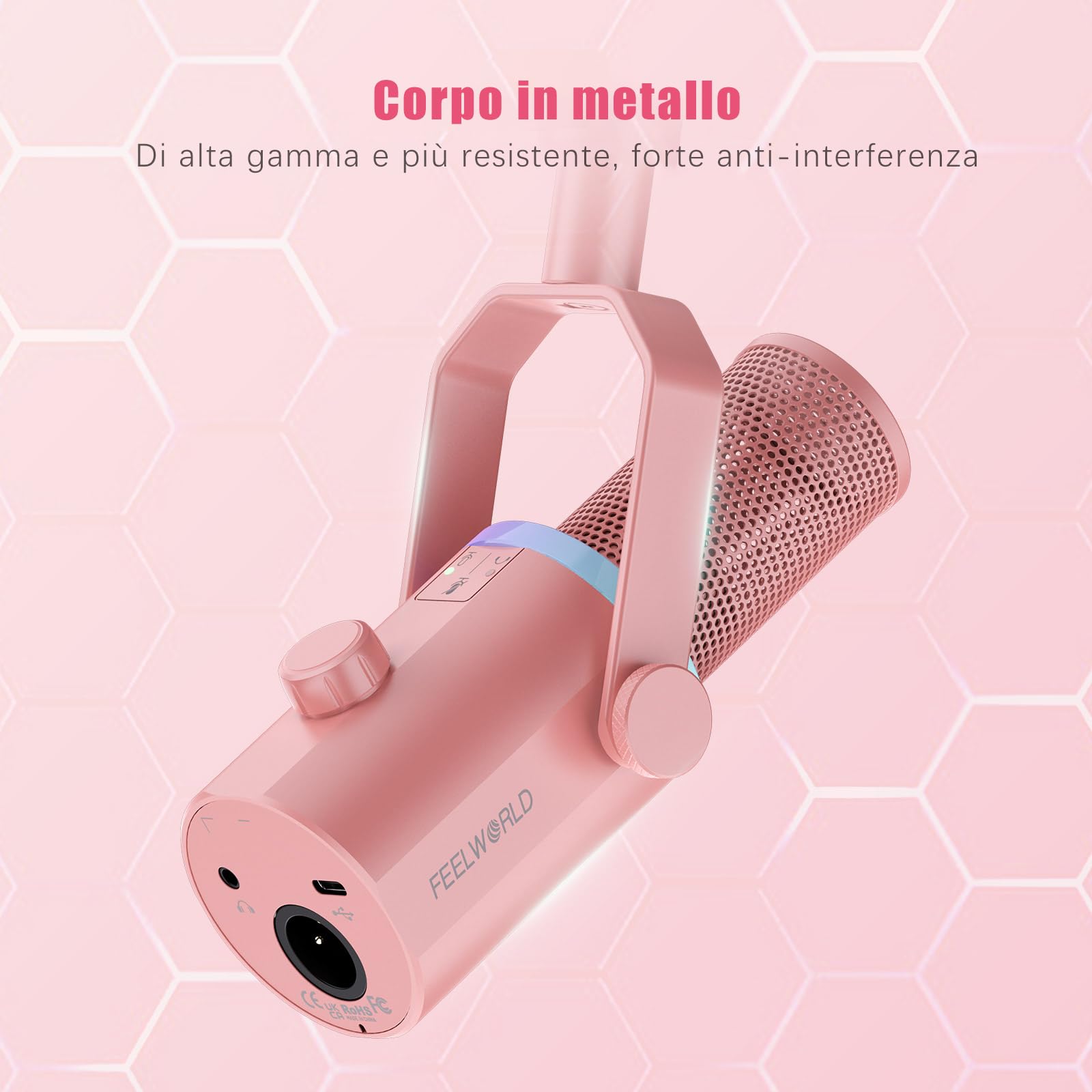 FEELWORLD PM1-AS USB/XLR Micro Gaming Streaming (per PC PS4 PS5), RGB Dynamic Iris Microphone, Pink with Stand, for Gaming, Podcasting, Broadcasting