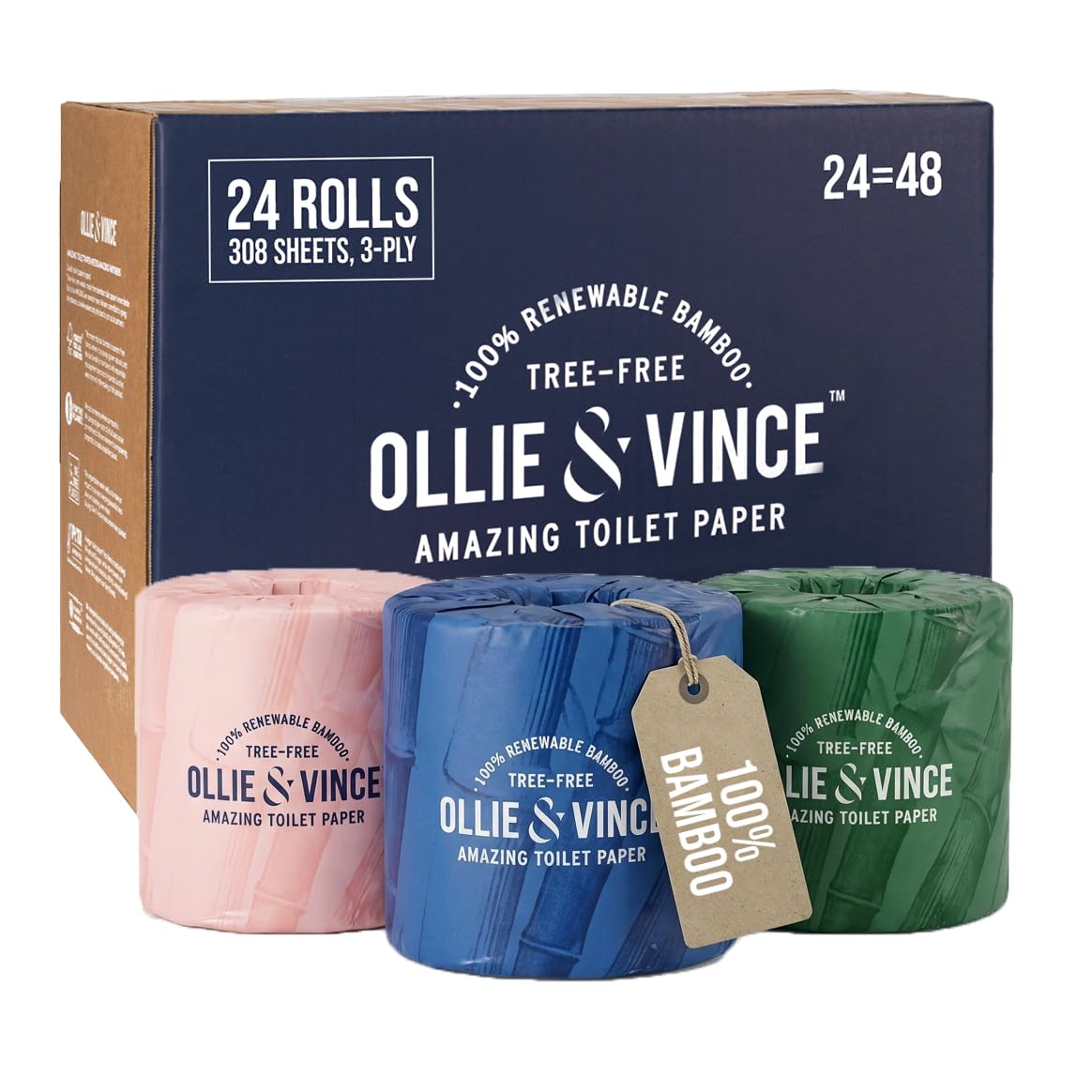 Ollie & Vince Bamboo Toilet Paper | Sustainable, Eco-Friendly, Plastic-Free & Tree-Free, Organic | 24 Rolls, 3-Ply, Soft, Strong & Septic Safe,