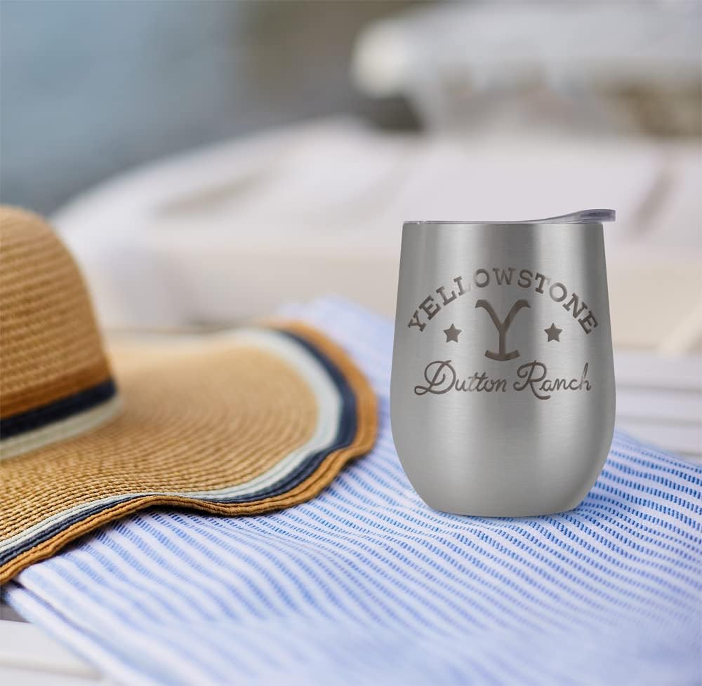 Yellowstone Official Established Brand 12 OZ Silver Stemless Wine Tumbler, Stainless Steel Travel Cup|Lake Tumbler|Insulated with Leak Resistant Slide-Lock Lid
