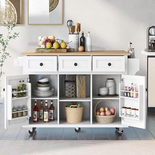 Bed Bath & Beyond Kitchen Cart with Rubber Wood Drop-Leaf Countertop Kitchen Island, Cabinet Door Internal Storage Racks and 3 Storage Drawers