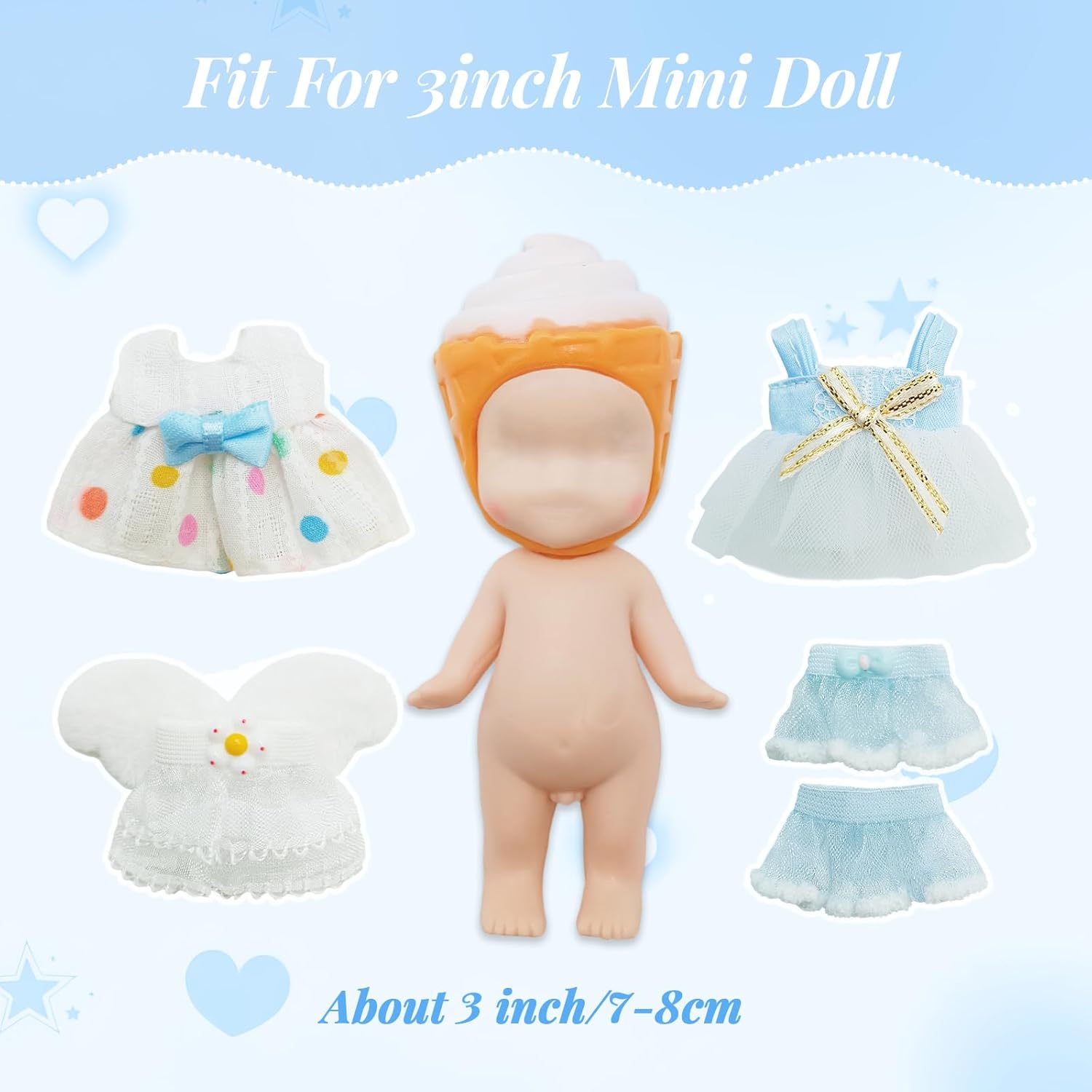 4 Sets Mini Doll Clothes Compatible with Sonny Angel, Blue Skirts and Necklace Fit for 3 Inch Collectible Dolls Display and Decoration Gift for Adult Collectors