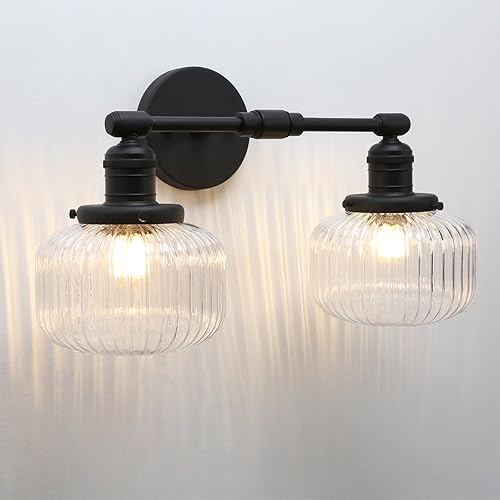 Miniatura 10 de 2 luces de pared industriales de vidrio, lámpara de pared de latón antiguo con pantalla de globo rayado transparente para tocador de baño,
