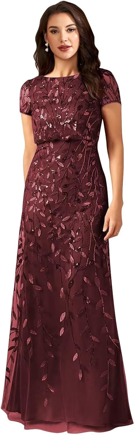 Short Sleeve Mother of Bride Dresses for Women Long A-Line Sequin Laces Formal Evening Gown