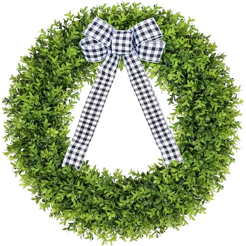 Vlorart 32" Faux Boxwood Wreath, Artificial Large Boxwood Wreaths Front Door, Spring Summer Waterproof Green Wreath Hanging with A Bow for Wall Farmhouse Outside Window Wedding Party Decor Year Round by Vlorart - Used condition - US$68.79