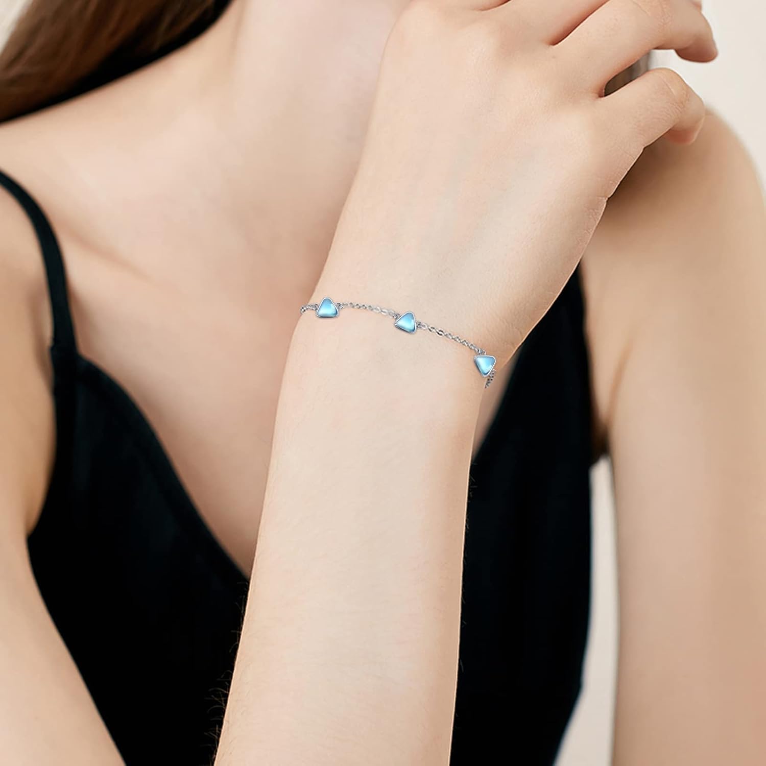 Cuoka Moonstone Bracelets 925 Sterling Silver Rainbow Round Moonstone Bracelet Moonstone Jewellery for Women Girlfriend Mom (Round, Silver) - Image 3