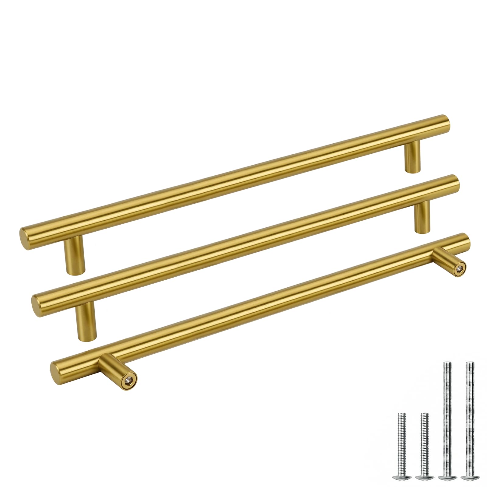 Goldenwarm 25pcs Brushed Brass Kitchen Cabinet Hardware Handle 12mm Diameter T Bar Handles Furniture Gold Door Drawer Pulls Knobs Hole Spacing 256mm 10in