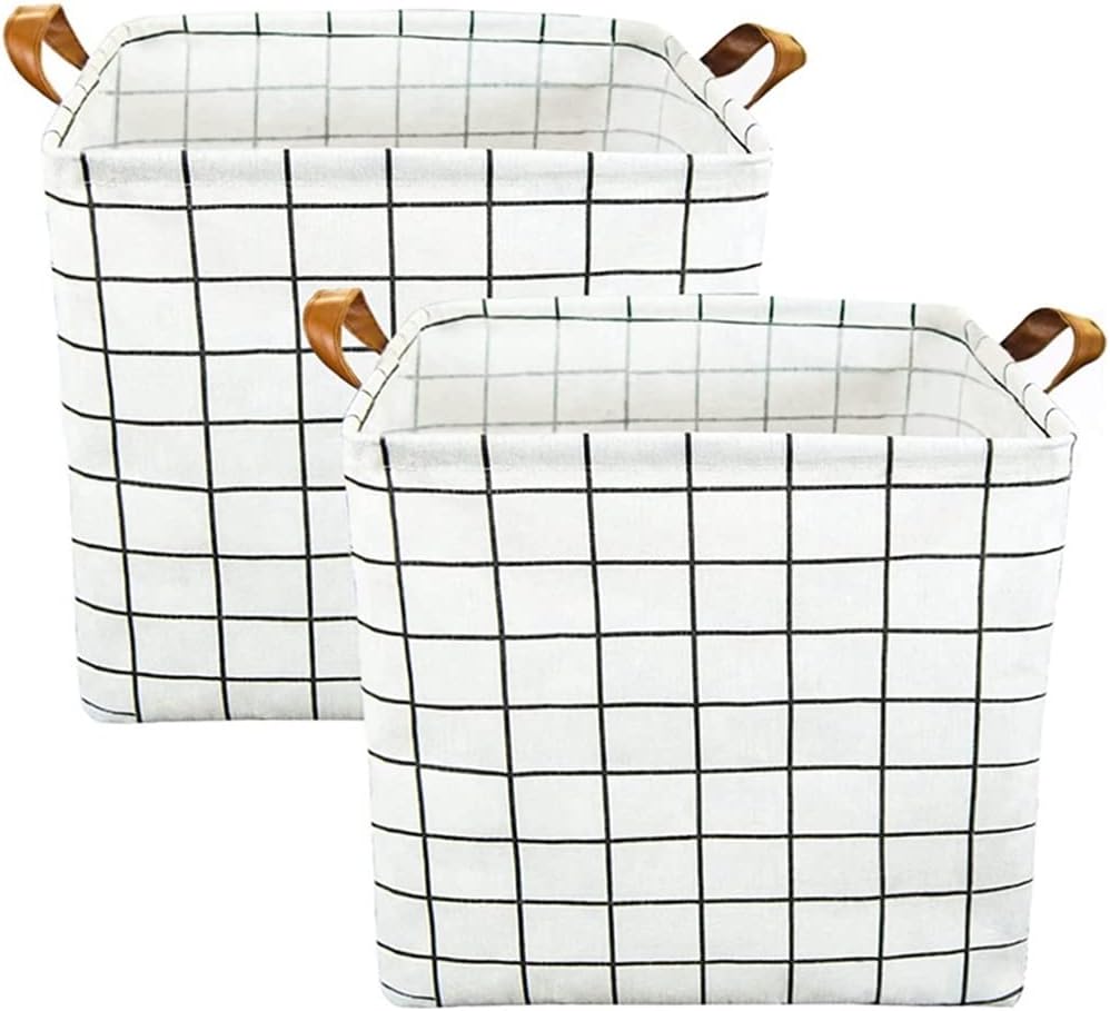 2Pcs Square Laundry Basket Laundry Basket Dirty Clothes Folding Storage Basket White Grid (Color : White)