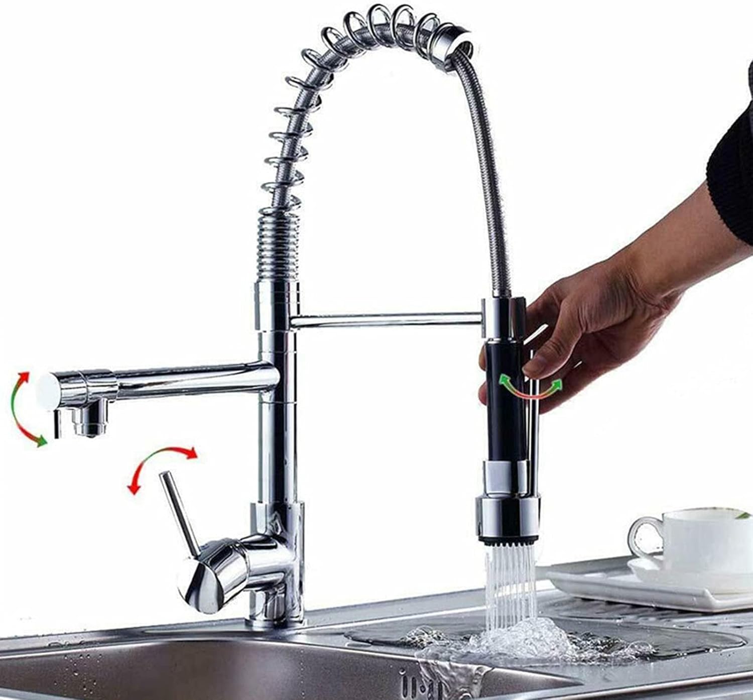 プルアウトキッチン蛇口、ソリッドブラスシングルハンドルシングルホールキッチンミキサータップ、360&deg;回転スプリングキッチンシンク蛇口