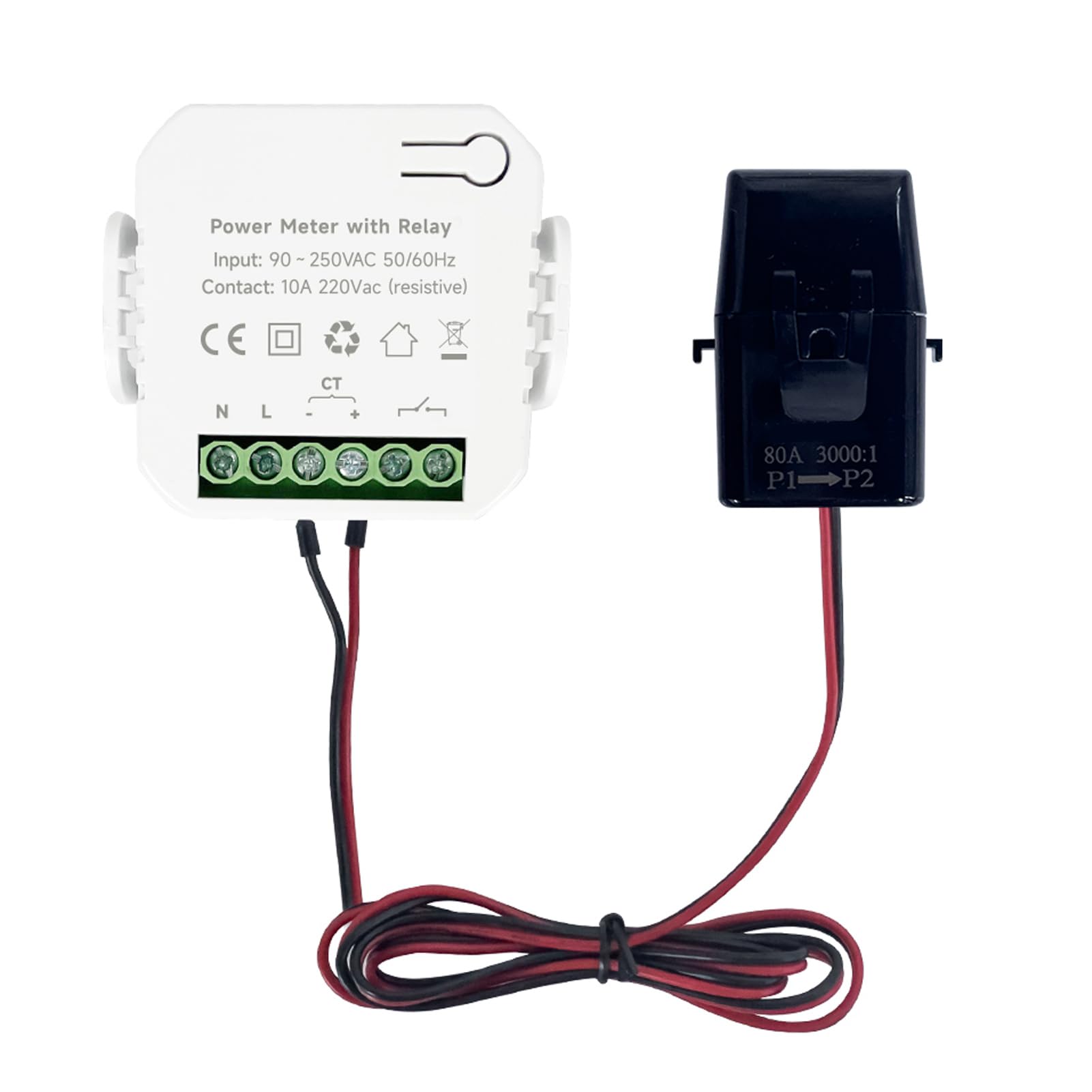 Medidor de energía inteligente WiFi con abrazadera de transformador de corriente CT de 80 A, monitor de consumo de energía monofásico de 90-250 VCA con relé para