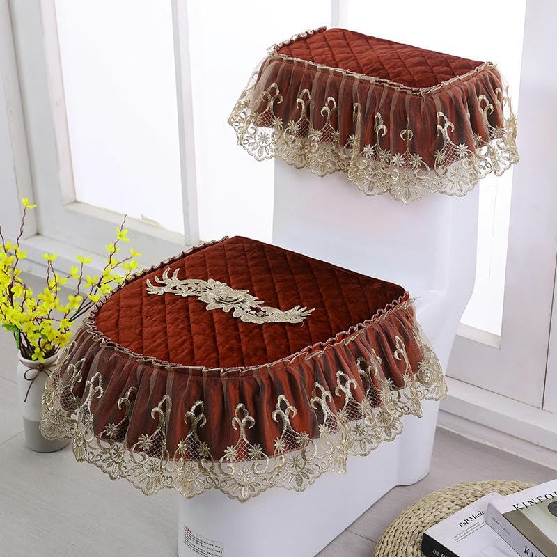 Toilet lid cover 3pcs/Set Lace Embroidery Gold Rose Flower Soft Toilet Lid & Tank Covers Seat Cover Pads Cushion Zipper -Typ(Coffee Color)