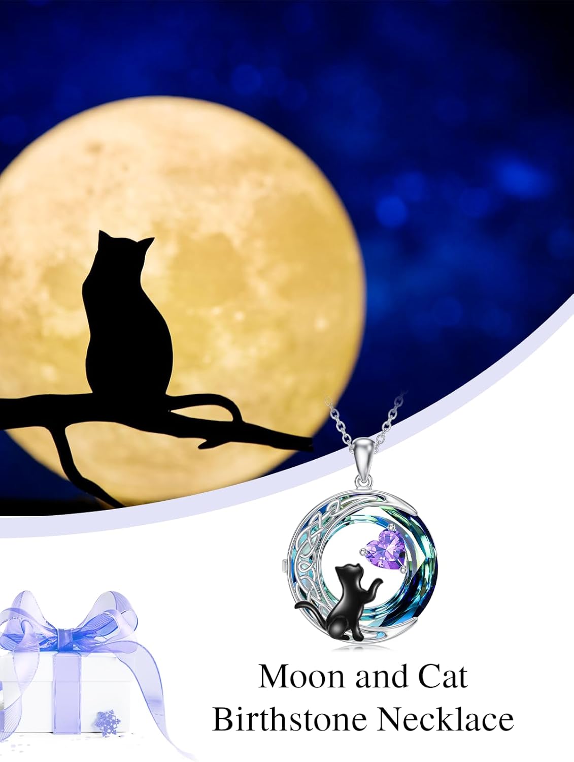 TOUPOP Cat Gifts for Cats Lovers 925 Sterling Silver Black Cat Necklace Celtic Moon Birthstone Jewelry for Women Valentines Day Birthday Gifts for Her - Image 4