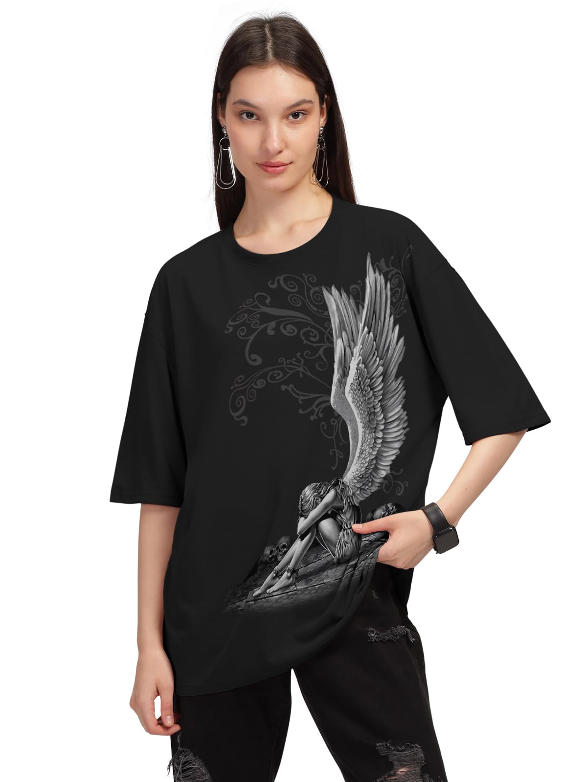 HELLCAT Beige Trendy Printed Oversized T-Shirt for Women