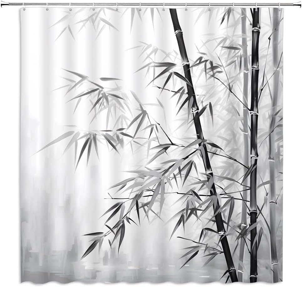 Asian Bamboo Shower Curtain Ink Painting Grey Black Leaves Chinese Japanese Rustic Vintage Watercolor Bathroom Decor Curtains Set with Hooks, 70" x 86"