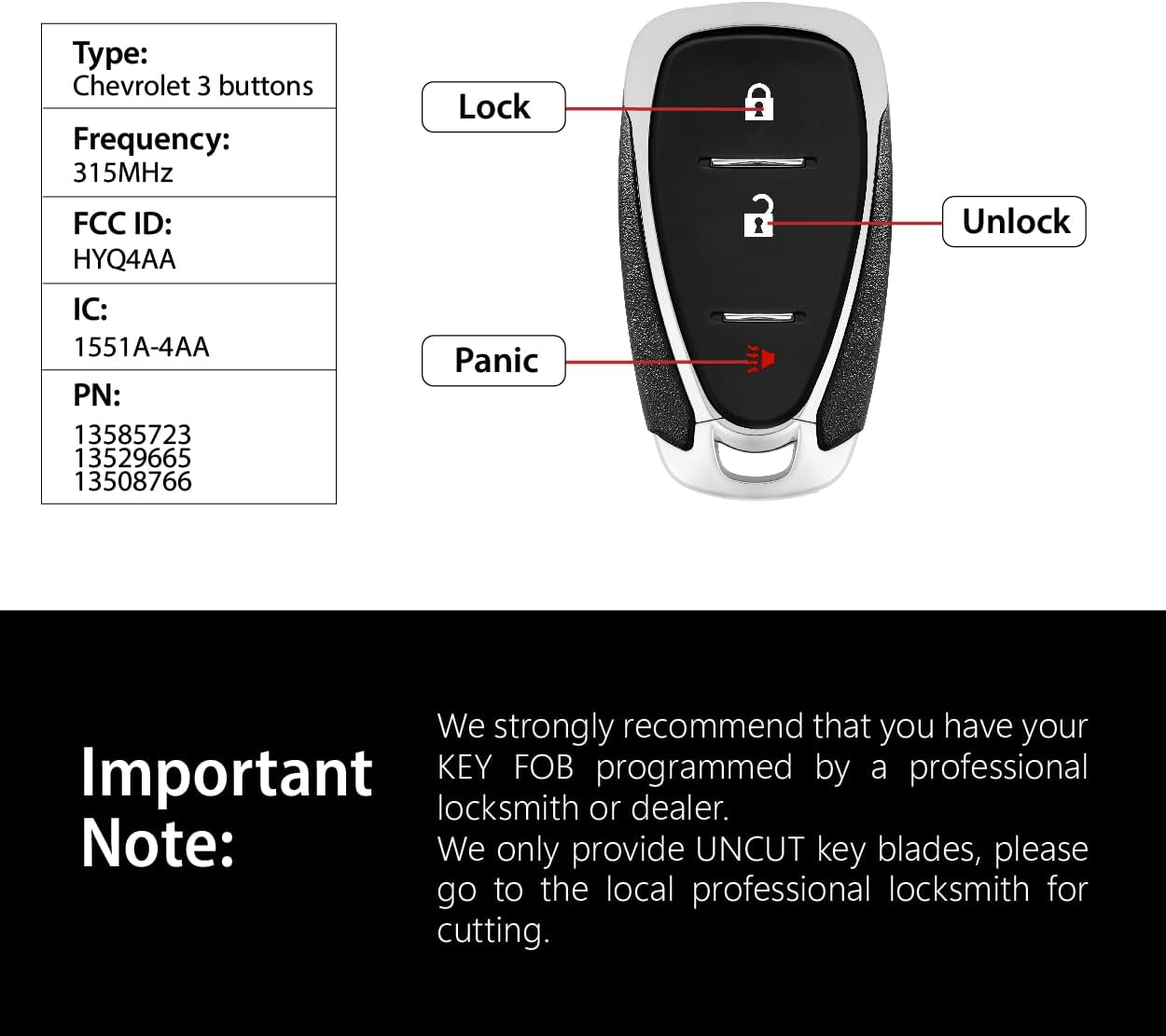 Car Key Fob Remote Keyless Entry Control HYQ4AA 315MHz 3 Button Replacement for 2016-2022 Chevrolet Spark Sonic Equinox Traverse Blazer
