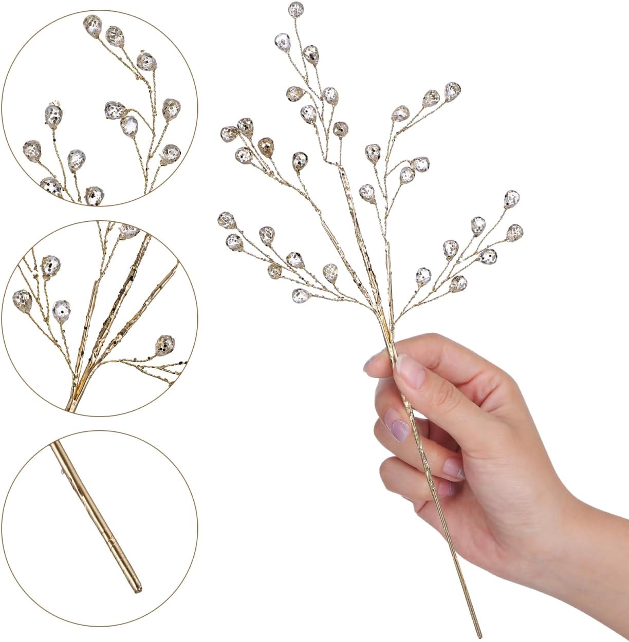 Christmas Floral Picks with Crystal Beads 2Pcs Artificial Stems for Holiday Decor Vase Arrangements Rustic Farmhouse and Xmas Tree Decoration