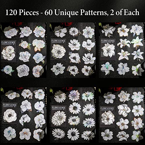 Dizdkizd Large Black And White Flower Stickers With Gold Holographic Trim, Glitter Floral Decals Transparent For Scrapbooking Card Making Resin Art Craft Projects - 120 Pieces #TOP2