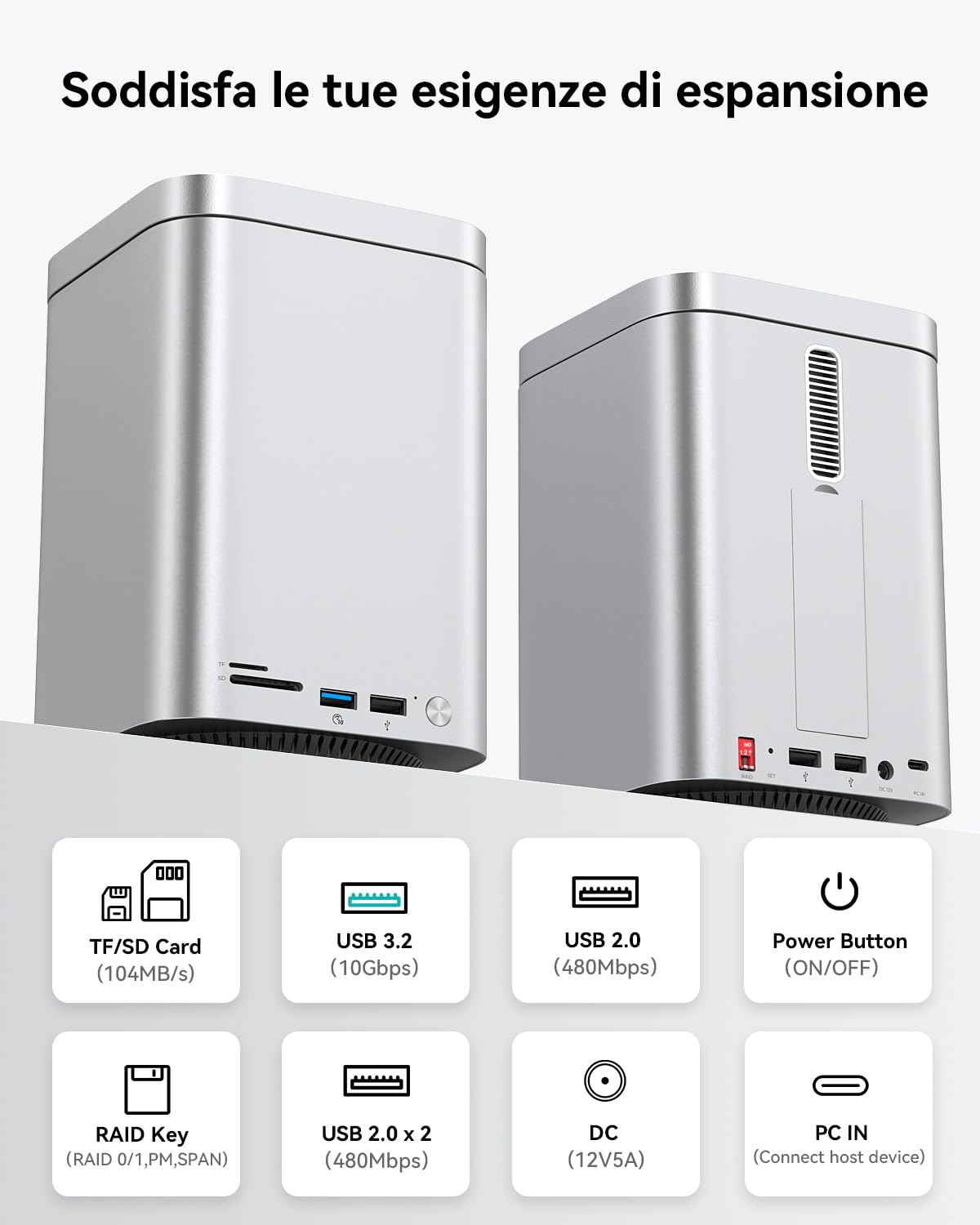 Yottamaster 2 Bay 10Gbps RAID Case per Disco Rigido, USB-C 10Gbps per 2,5"/3,5" SATA HDD/SSD + M.2 NVMe/SATA, Fino a 56TB, Hub USB, Lettore SD/TF, Case in Alluminio con Ventola (Senza Disco)