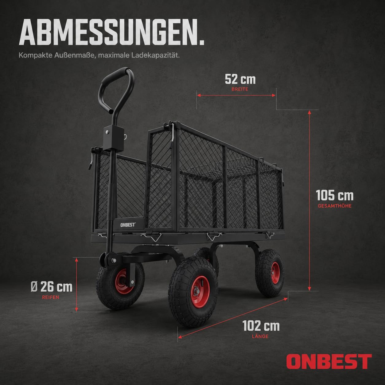 ONBEST Bollerwagen 550 kg – Gartenwagen mit klappbaren Seitenwänden | Großer 205 L Gitterkorb aus Metall – Outdoor-Transportwagen und Lastenwagen für Garten, Hof und schwere Transporte