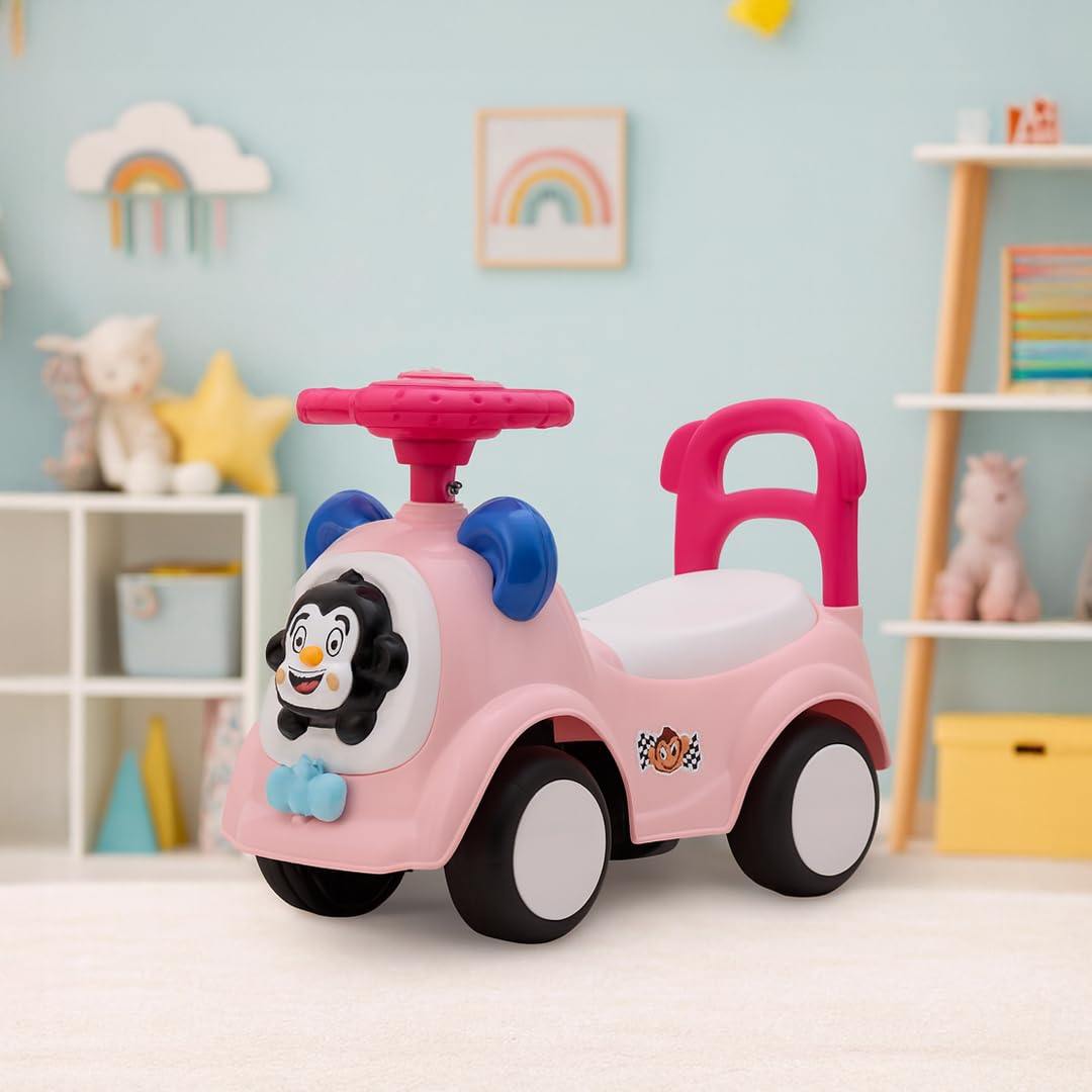 Amazon Brand - Jam & Honey Ride on & Car for Kids with Music & Horn Steering, Push Car for Baby with Backrest, Safety Guard, Under Seat Storage & Big Wheels, Ride on for Kids 1 to 3 Years (Pink)