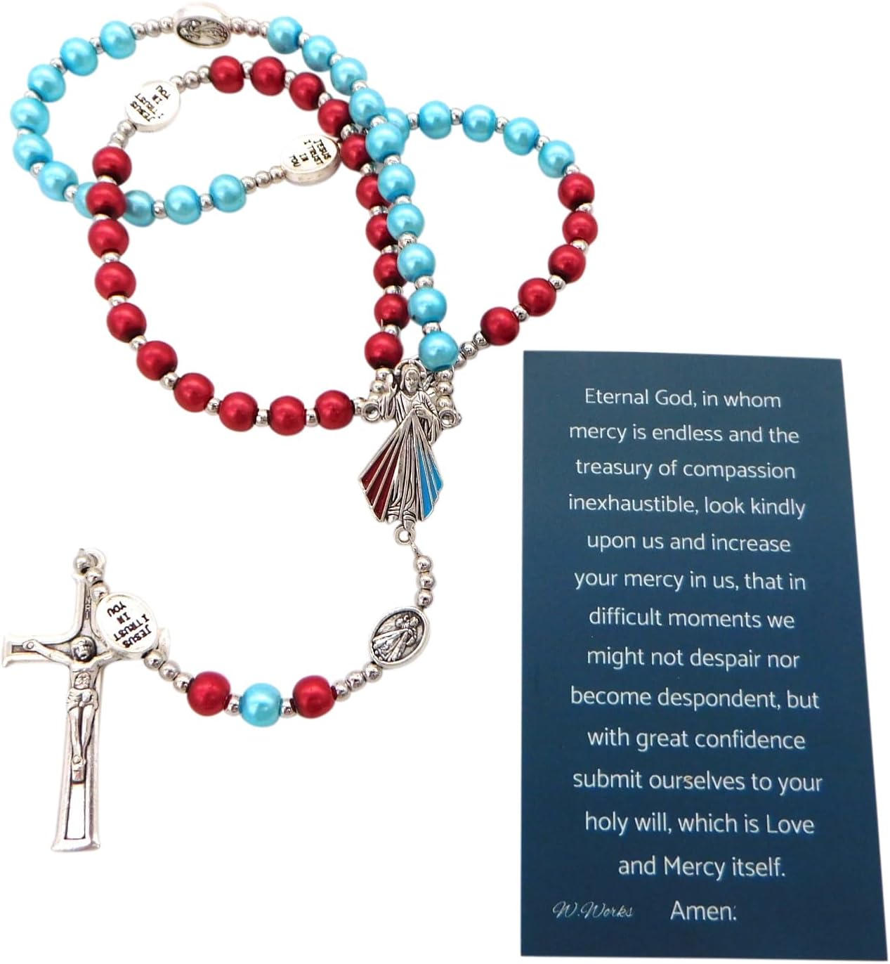 Westmon Works Divine Mercy Rosary Set Colorful Glass Beads and Metal Crucifix and Jesus Centerpiece with Catholic Prayer Holy Card - Image 3