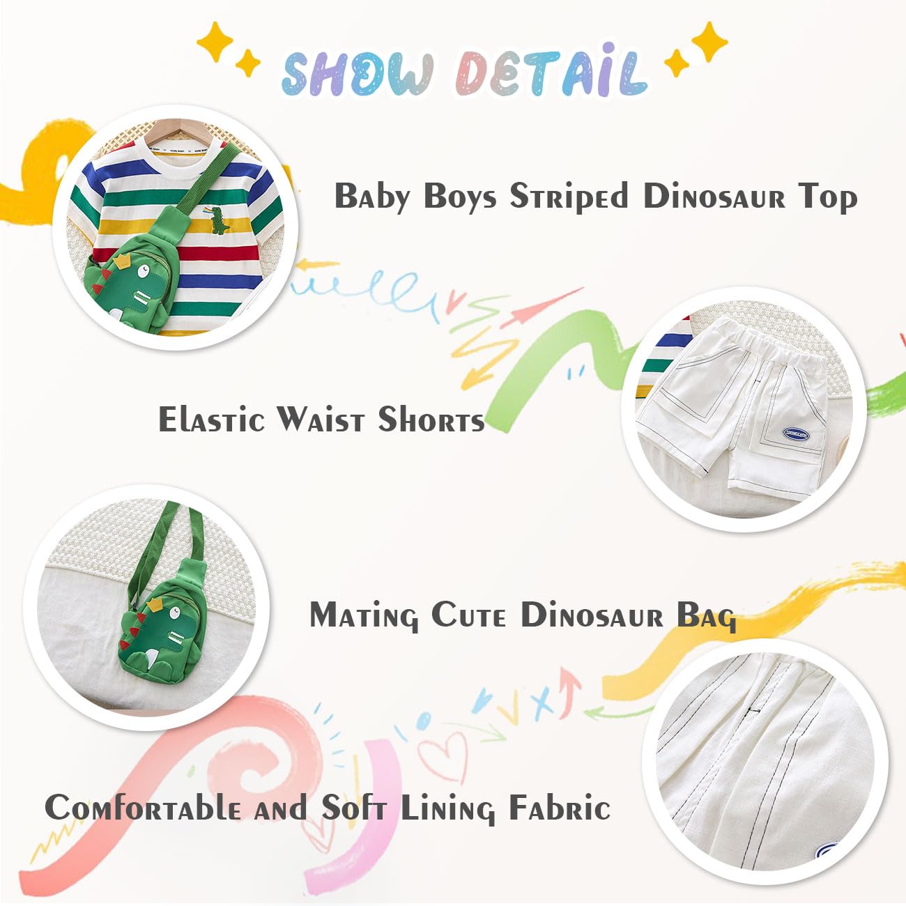 Ensemble pour Nouveau-né Garçon Haut à Rayures + Short + Sac à dos Dinosaure, T-shirt à Manches Courtes Dinosaure et Pantalon à Taille élastique pour les 1 à 7 Ans, Vert