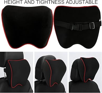Car Neck Support Pillow, Car Seat Headrest for Relieving Neck Fatigue with Adjustable Strap, Soft Memory Foam and Breathable Removable Cover for Passenger or Driver, Black with Red Trim
