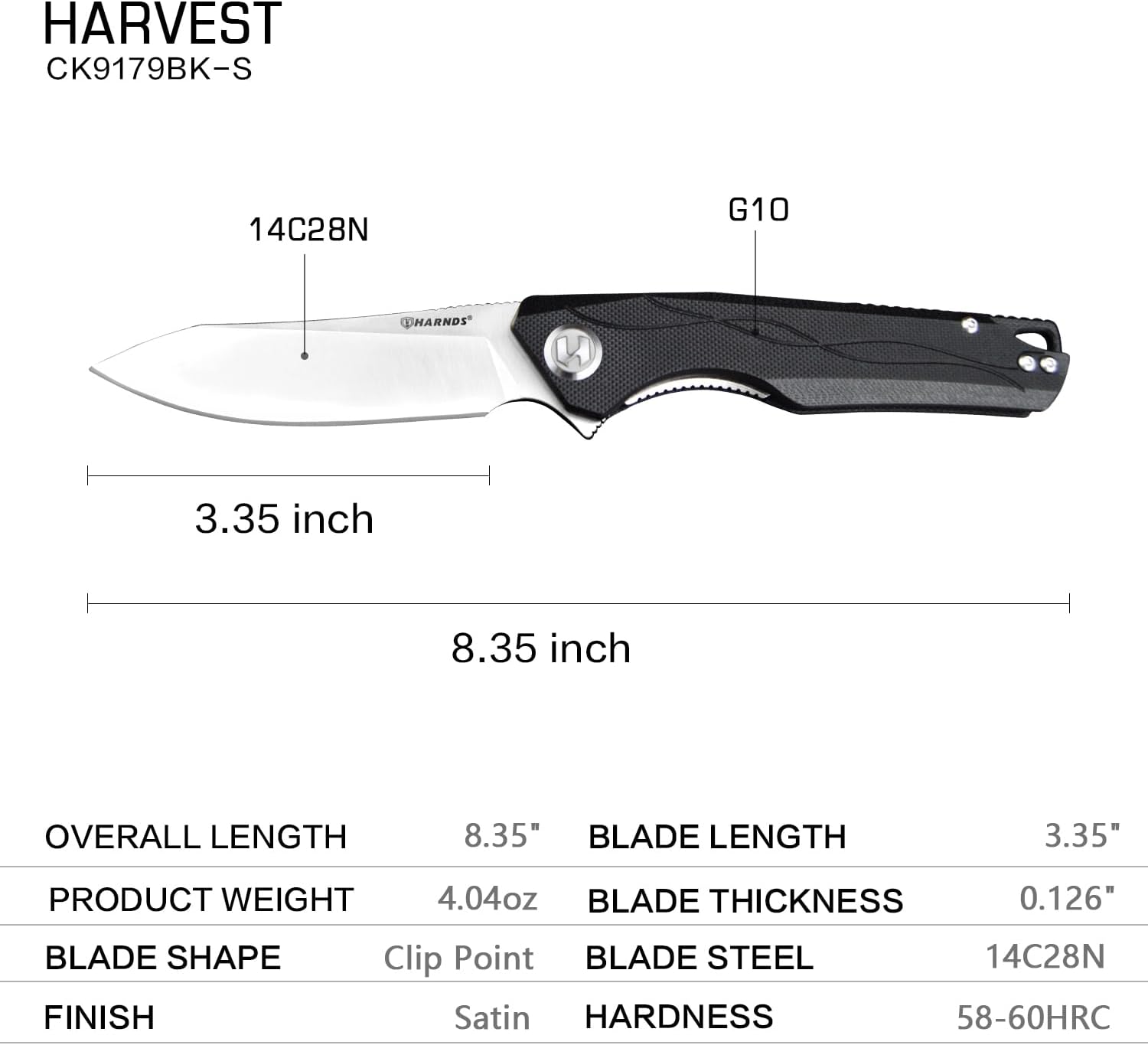 Harnds Harvest Pocket knife with 14C28N Steel Folding Knife with G10 Handle for Camping Hunting Surviral