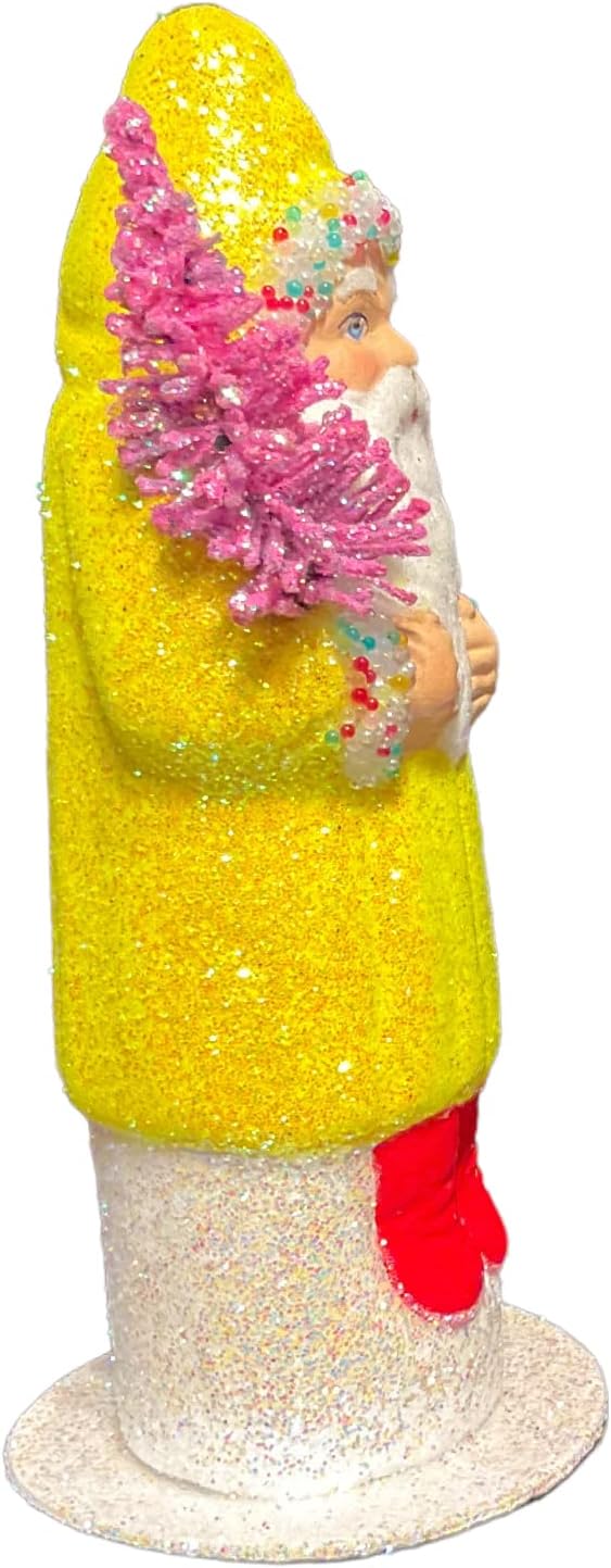 Pinnacle Peak Trading Company Ino Schaller Neon Yellow Glitter Santa with Pink Tree German Paper Mache 6 Inch