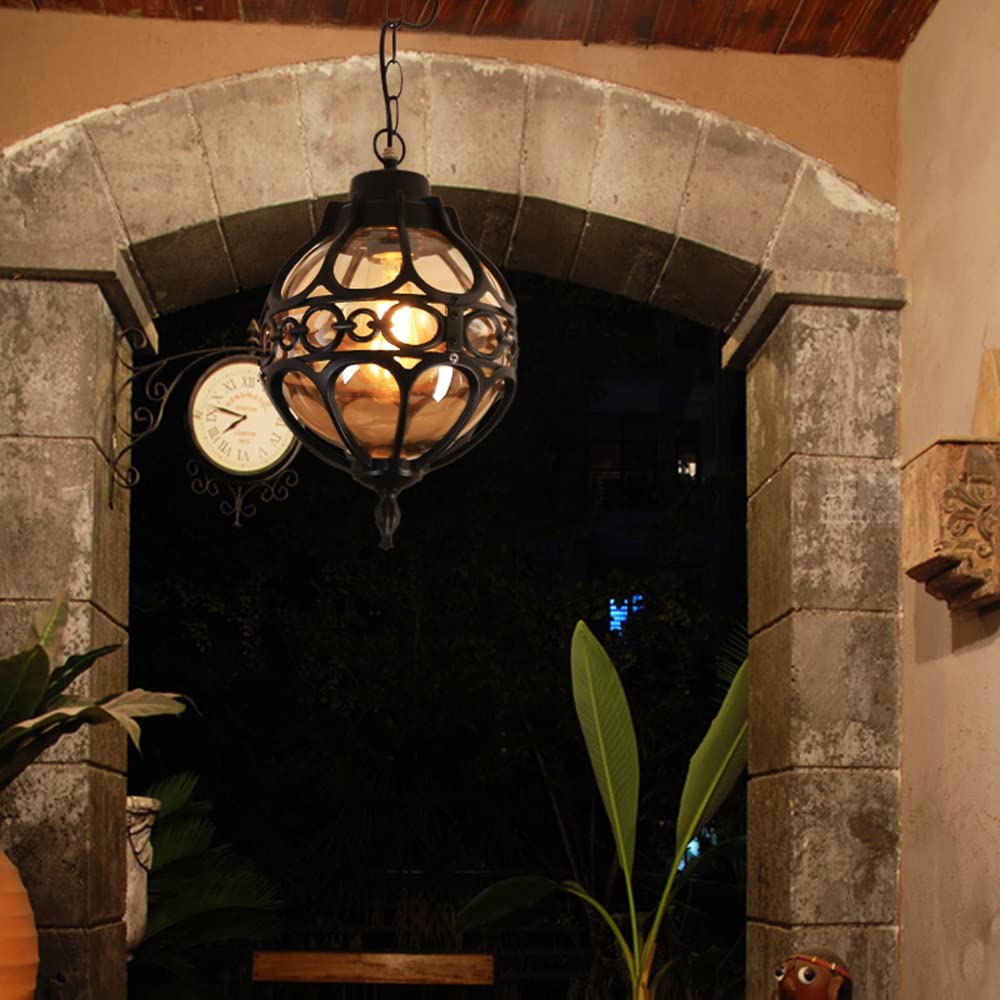 Lámpara Colgante de Exterior E27 Vintage Lámparas de Techo de Metal y Vidrio Iluminación de techo A prueba de lluvia Impermeable IP23 Pabellón Villa Loft Araña Luz exterior (Black)