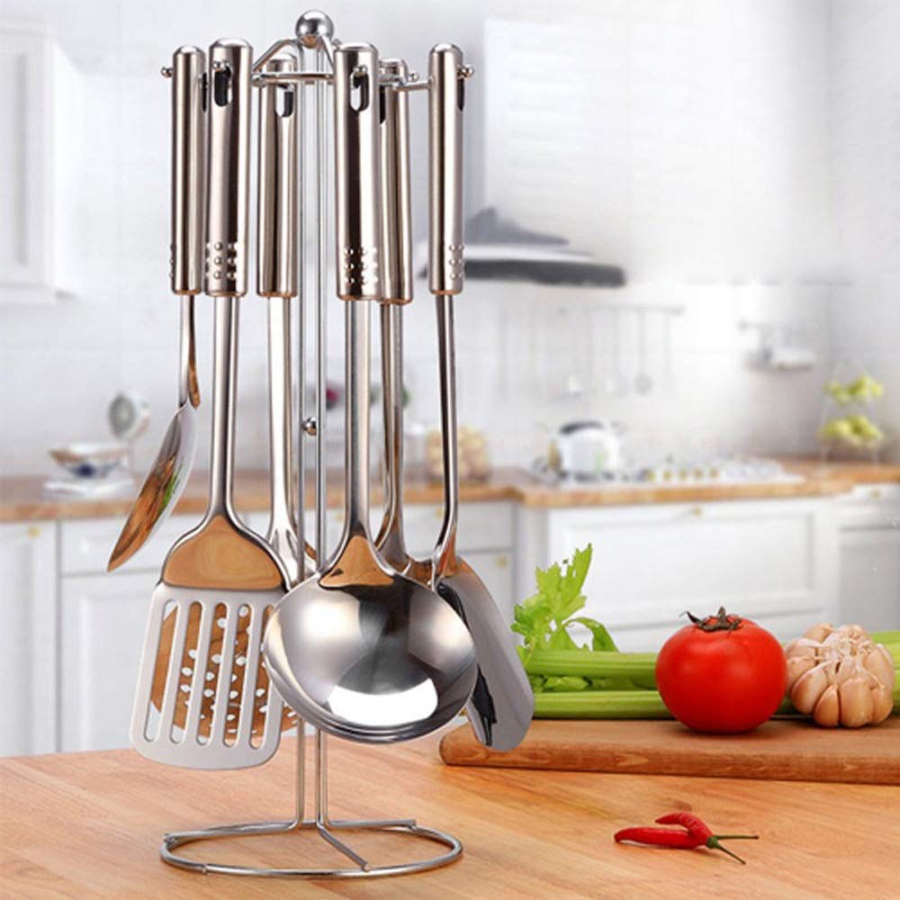 Kochutensilien Kochgeschirr Kochen 7-teiliges Set Edelstahl Kochutensilien Suppenkelle Löffel Schlitzschaufel Wender Pfannenwender Sieb Pastaheber Küchenutensilien