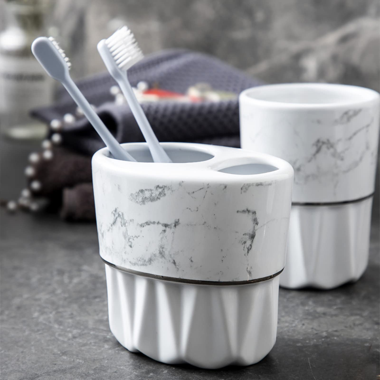 Juego De Dispensador De Jabón para Baño, Juego De Accesorios para Encimera De Baño con Diseño De Mármol De 5 Piezas con Dispensador De Jabón, Porta Cepillo De Dientes-Blanco