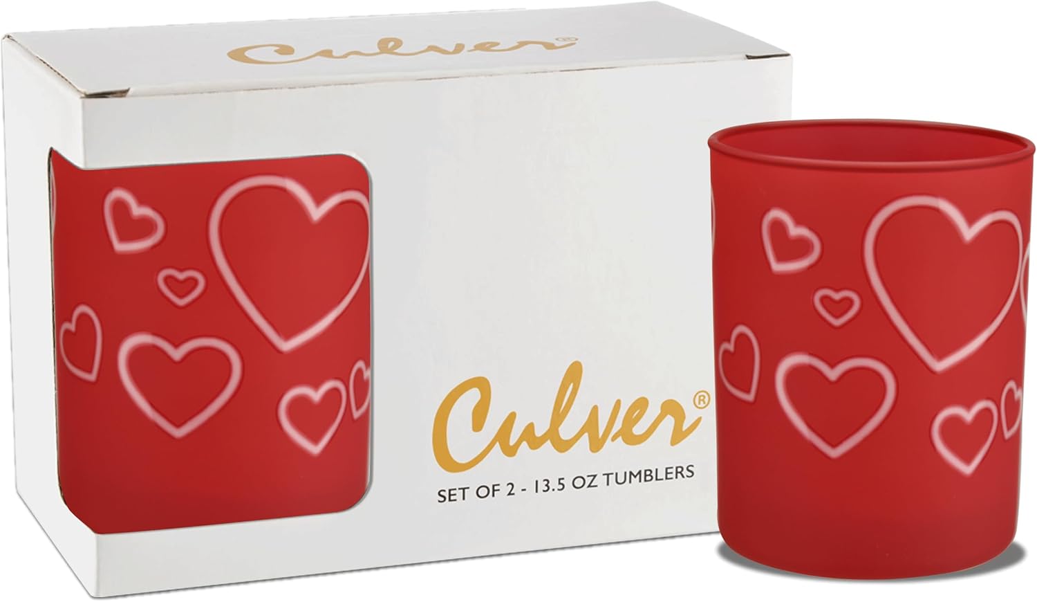 Culver Decorated Frosted Double Old Fashioned Tumbler Glasses, 13.5-Ounce, Gift Boxed Set of 2 (Heart Clouds)
