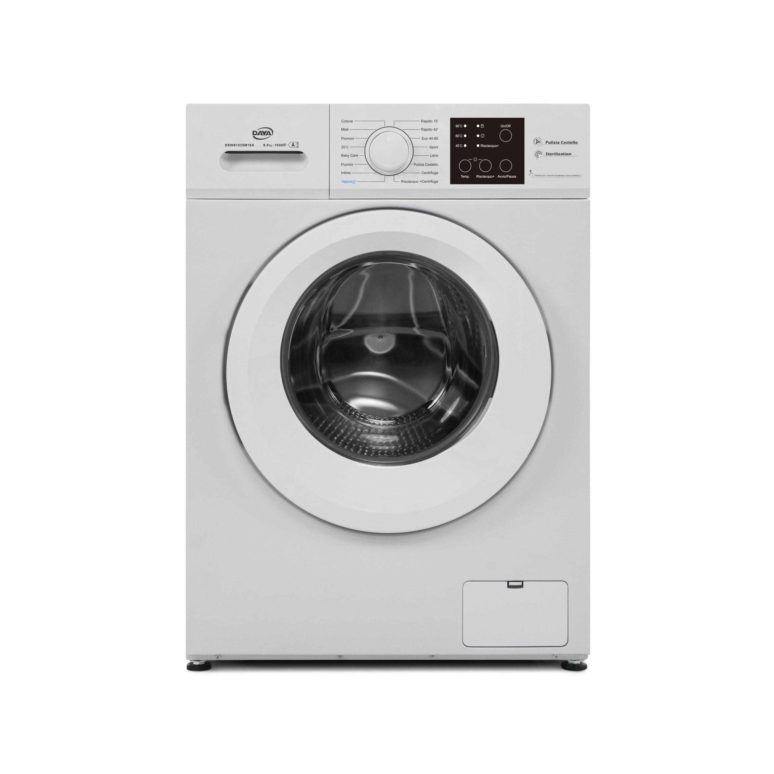 Lavatrice Daya DSW61025M18A, 6 kg, 1000 giri/min, Motore BLDC Inverter, Classe A, Programma Vapore, Risciacquo+, Weight Sensing, Programma Rapido, Profondità Slim 44 cm