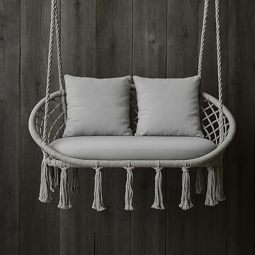 Miniatura 4 de Magshion Hamaca de 2 asientos con 3 cojines, columpio colgante de macramé con borlas, malla de cuerda de algodón estilo bohemio para uso en