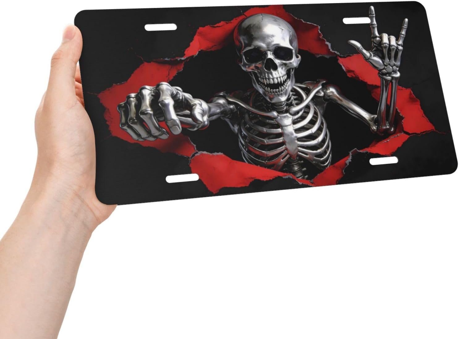 Rock Roll Skeleton Bursts Out of The Wall Front License Plate Aluminum License Plates Decorative Car Plate Novelty Vanity Tag Cover Car Decor Accessory with 4 Holes for Men Women 6x12 Inch