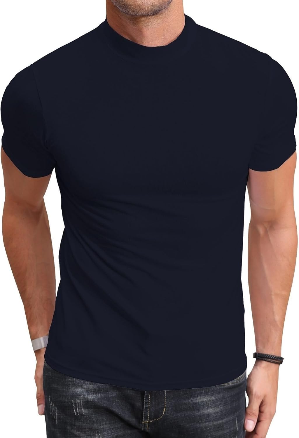 Poriff Men's Casual Mock Turtleneck Pullover Tops Short Sleeve Slim Fit T-Shirts Basic Solid Color Tees - Image 2